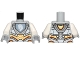 Part No: 973pb2641c01  Name: Torso Nexo Knights Armor with Orange and Gold Circuitry and Emblem with White Horse Pattern / White Arms / Light Bluish Gray Hands