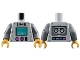 Part No: 973pb5642c01  Name: Torso Robot with Dark Turquoise Monitor and Buttons, Dark Pink Dials and Tapedeck on Back Pattern / Dark Bluish Gray Arms with Gold Circle, Black Stripes and Rivets Pattern / Pearl Gold Hands