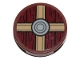 Part No: 14769pb522  Name: Tile, Round 2 x 2 with Bottom Stud Holder with Viking Shield Tan / Dark Red Sections and Wood Grain Pattern (Sticker) - Set 76208