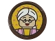 Part No: 14769pb596  Name: Tile, Round 2 x 2 with Bottom Stud Holder with Woman Minifigure with Glasses, White Hair and Bright Pink Top Pattern (Sticker) - Set 43217