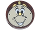 Part No: 14769pb754  Name: Tile, Round 2 x 2 with Bottom Stud Holder with Smiling Tan Clock Face, Gold Nose and Trim, Black Hands and Scrolls, Open Mouth with Teeth Pattern (Cogsworth)