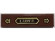 Part No: 2431pb717  Name: Tile 1 x 4 with 'LADY E.' on Gold and Dark Brown Name Plate, Arrows Pattern (Sticker) - Set 70425