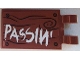 Part No: 30350bpb059  Name: Tile, Modified 2 x 3 with 2 Clips with White 'PASSIN'' on Wood Grain Background with 4 Screws Pattern (Sticker) - Set 70813