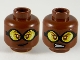 Part No: 3626pb2518  Name: Minifigure, Head Dual Sided Female, Black Goggles with Yellow Lenses, Dark Brown Lips, Lopsided Grin / Scowl Showing Teeth Pattern