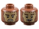 Part No: 3626pb3458  Name: Minifigure, Head Dual Sided Alien Dark Brown Bushy Eyebrows and Fur, Dark Tan Face, Lower Fangs, Scowl / Open Mouth Smile with Top Teeth and Red Tongue Pattern