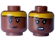 Part No: 3626pb3659  Name: Minifigure, Head Dual Sided Female Black Eyebrows, Eyelashes, Dark Brown Lips, Bright Light Orange Headband, Grin / Angry Bared Teeth Pattern