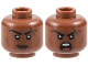 Part No: 3626pb3681  Name: Minifigure, Head Dual Sided Female Black Eyebrows, Dark Brown Lips, Cheek Lines and Scar, Lopsided Grin / Open Mouth Scowl Pattern