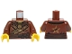 Part No: 973pb2091c01  Name: Torso Ninjago Robe with Gold Ornate Border, Chain with Star Pendant, Dark Brown Belt and Gold Star on Back Pattern / Reddish Brown Arms / Yellow Hands