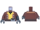 Part No: 973pb6059c01  Name: Torso Pixelated Jacket Open, Medium Nougat Trim, Dark Silver Buttons, Yellow Shirt, Dark Brown Belt, Black Neck Pattern / Pearl Dark Gray Arm Left with Reddish Brown Molded Short Sleeve Pattern / Reddish Brown Arm Right / Pearl Dark Gray Hands