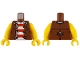 Part No: 973pb6136c01  Name: Torso Pirate Vest Open with Silver Trim and 3 Buckles over Shirt with Red and White Horizontal Stripes Pattern / Yellow Arms / Yellow Hands