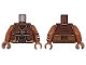Part No: 973pb6290c01  Name: Torso Vest with Medium Nougat Trim, Pouch and Strap with Buckle over Dark Brown Shirt, Sienna Neck Pattern / Sienna Arm Left with Dark Blue and White Striped Wristband Pattern / Sienna Arm Right / Sienna Hands