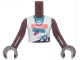 Part No: FTGpb524c01  Name: Torso Mini Doll Girl White Knotted Sleeveless Shirt with Coral and Dark Turquoise Panels and Collar, Magenta Arrow and Dot, Dark Blue Necklace with Bow on Back Pattern, Reddish Brown Arms with Hands