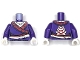 Part No: 973pb6484c01  Name: Torso Female Tunic with Red and Silver Hem and Sash, White Shirt, Samurai Helmet and Crossed Swords Logo on Back Pattern (BAM) / Dark Purple Arms / White Hands