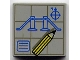Part No: 3068px28  Name: Tile 2 x 2 with Blue Blueprints, Letter N, and Compass Needle, Yellow Pencil on Dark Gray Grid Pattern