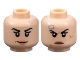 Part No: 28621pb0144  Name: Minifigure, Head Dual Sided Female Black Eyebrows and Eyelashes, Nougat Lips, Grin with Dimple / Scowl with Scars and Bandage Pattern - Vented Stud