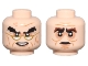 Part No: 28621pb0150  Name: Minifigure, Head Dual Sided Medium Nougat Cheek Lines and Wrinkles, Nougat Eye Shadow and Lower Lip, Black Bushy Eyebrows, Gold Glasses, and Open Mouth Smile with Teeth / Reddish Brown Bushy Eyebrows and Neutral Pattern - Vented Stud