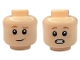 Part No: 28621pb0200  Name: Minifigure, Head Dual Sided Child Dark Orange Eyebrows, Nougat Freckles, Grin with Medium Nougat Dimple / Surprised Open Mouth with Teeth Pattern - Vented Stud
