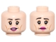 Part No: 28621pb0310  Name: Minifigure, Head Dual Sided Female Black Eyebrows, Upper Eyelids, Medium Nougat Eye Shadow, Cheek Lines, Wrinkles, and Chin Dimple, Magenta Lips, Open Mouth Smile with Teeth / Sad Frown Pattern - Vented Stud