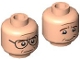 Part No: 28621pb0376  Name: Minifigure, Head Dual Sided Reddish Brown Eyebrows, Medium Nougat Lines and Dimples, Dark Silver Glasses, Neutral  / Lopsided Grin Pattern - Vented Stud