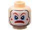 Part No: 3626bpb0644  Name: Minifigure, Head Male Clown White Face Paint, Red Eyebrows, Circles on Cheeks, and Mouth, Blue Eye Shadow, Angry Frown Pattern - Blocked Open Stud
