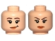 Part No: 3626cpb1356  Name: Minifigure, Head Dual Sided Female Dark Brown Eyebrows, Black Eyelashes, Nougat Lips, Lopsided Grin / Angry Frown Pattern - Hollow Stud
