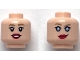 Part No: 3626cpb3253  Name: Minifigure, Head Dual Sided Female Dark Tan Eyebrows, Red Lips, Open Mouth Smile / Smirk with Metallic Light Blue Eyes Pattern - Hollow Stud