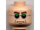 Part No: 3626pb0199  Name: Minifigure, Head Glasses, Green and Silver, Brown Arched Eyebrows, Frown Pattern (Dr. Octopus)