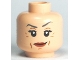 Part No: 3626pb0481  Name: Minifigure, Head Female Dark Bluish Gray Thin Eyebrows, Left Raised, Black Eyelashes, Dark Orange Lips, Medium Nougat Jowl Lines, Chin Dimple and Wrinkles, Smirk Pattern