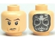 Part No: 3626pb0488  Name: Minifigure, Head Dual Sided Dark Brown Eyebrows, Upper Eyelids, Medium Nougat Jowl Lines and Chin Dimple, Frown / Dark Silver Death Eater Mask with Silver Markings Pattern