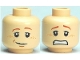 Part No: 3626pb0492  Name: Minifigure, Head Dual Sided Dark Orange Eyebrows, Upper Eyelids, Nougat Freckles, Lopsided Grin and Medium Nougat Chin Dimple / Scared Open Mouth with Teeth Pattern