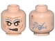 Part No: 3626pb0562  Name: Minifigure, Head Alien Zombie with Sand Blue Eyebrows, Silver Eyes, Medium Nougat Eye Shadow, Cheek Lines and Spots, Lopsided Scowl with Dark Tan Teeth, Tattoos on Back Pattern