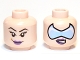 Part No: 3626pb0645  Name: Minifigure, Head Dual Sided Female Dark Purple Lips, Black Eyebrows, Eyelashes, Medium Nougat Dimple, Smirk / Bright Light Blue Visor, Lopsided Open Mouth Scowl with Teeth Pattern