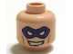 Part No: 3626pb0678 Name: Minifigure, Head Dark Purple Mask with White Eye Holes, Medium Nougat Cheek Lines and Chin Dimple, Lopsided Open Mouth Smile with Teeth Pattern Part No: 3626pb0678 Name: Minifigure, Head Dark Purple Mask with White Eye Holes, Medium Nougat Cheek Lines and Chin Dimple, Lopsided Open Mouth Smile with Teeth Pattern