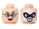 Part No: 3626pb0966  Name: Minifigure, Head Dual Sided Female Glasses, Dark Red Lips / Black Eye Mask, White Face Paint, Open Mouth Smile Pattern (Dr Harleen Quinzel)