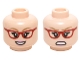 Part No: 3626pb1459  Name: Minifigure, Head Dual Sided Female Glasses Red Angled Frames, Dark Tan Eyebrows with Open Smile / Angry Pattern (Bernadette)