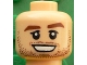 Part No: 3626pb1606  Name: Minifigure, Head Reddish Brown Thick Eyebrows and Stubble, Black Eyelids, Medium Nougat Dimples, Open Mouth Smile with Teeth Pattern