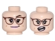 Part No: 3626pb1693  Name: Minifigure, Head Dual Sided Female Reddish Brown Glasses, Bright Pink Lips, Crooked Smile and Raised Eyebrow / Open Mouth Angry Pattern