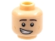 Part No: 3626pb1717  Name: Minifigure, Head Dark Brown Eyebrows, Medium Nougat Dots on Cheeks, Lopsided Open Mouth Smile with Teeth Pattern
