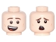 Part No: 3626pb1765  Name: Minifigure, Head Dual Sided Brown Eyebrows, Dark Tan Dimples, Lopsided Smile / Scared Pattern