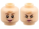 Part No: 3626pb2260  Name: Minifigure, Head Dual Sided Female Reddish Brown Eyebrows, Black Double Eyelashes, Medium Nougat Dimples, Chin Dimple, Forehead Creases and Wrinkles, Dark Pink Lips, Grin / Angry Frown Pattern