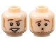 Part No: 3626pb2349  Name: Minifigure, Head Dual Sided Male Reddish Brown Eyebrows and Beard Stubble, Medium Nougat Sideburns and Chin Dimple, Open Mouth Smile with Teeth / Worried Pattern