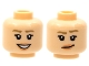 Part No: 3626pb2798  Name: Minifigure, Head Dual Sided Female Dark Tan Eyebrows, Nougat Lips, Open Mouth Smile with Teeth / Lopsided Grin with Raised Eyebrow Pattern