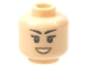 Lego part: Minifigure, Head Female Black Hazy Eyebrows, Eyelashes, and Eyes, Light Bluish Gray Pupils, Dark Tan Lips, Open Mouth Smile with Teeth Pattern