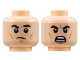 Lego part: Minifigure, Head Dual Sided, Black Eyebrows, Dark Orange Cheek Lines, Frown Left Eyebrow Raised / Open Scowl Pattern