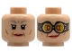 Part No: 3626pb2874  Name: Minifigure, Head Dual Sided Female Light Bluish Gray Eyebrows, Single Eyelashes, Lower Eyelids, Medium Nougat Cheek and Jowl Lines, Coral Lips, Stern / Lopsided Grin, Silver Goggles with Bright Light Orange Lenses, Medium Nougat Eyes Pattern