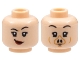 Part No: 3626pb3057  Name: Minifigure, Head Dual Sided Female, Black Eyebrows, Lopsided Grin with Dark Red Lips / Pig Snout Pattern