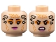Part No: 3626pb3101  Name: Minifigure, Head Dual Sided Female Dark Pink Lips, Dark Orange Eye Shadow, Tan Horns, Neutral / Grimace Pattern (SW Theelin Dancer)
