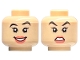 Part No: 3626pb3297  Name: Minifigure, Head Dual Sided Female Black Eyebrows, Left Raised, Coral Lips, Open Mouth Smile / Angry Pattern