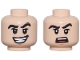 Part No: 3626pb3377  Name: Minifigure, Head Dual Sided Thick Black Eyebrows One Raised, Chin Dimple, Open Mouth Crooked Smile / Open Mouth Scowl Pattern