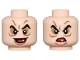 Part No: 3626pb3385  Name: Minifigure, Head Dual Sided Pointed Black Eyebrows, Dark Tan Eye Shadow, Dark Orange Wrinkles, Open Mouth with White Tooth Smile / Scowl Pattern